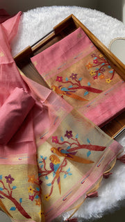Weave & Wear Pink Paithani Muga Cotton Unstitched Suit Set